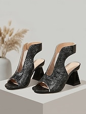 cheap Heeled Sandals-Women's Black Open Toe Sandals - Modern Faux Snake Texture Block High Heels with Clear PVC Panel for Office Work, Daily Commute &amp; Business Casual
