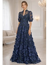 abordables Largo del piso-Corte A Hasta el Suelo Vestido de Madrina Manga Corta Escote en Pico Elegante Vintage Lujoso Formal Invitado a la boda Fiesta de Boda Encaje Tul con Flores 3D Bordados Flor