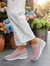 ieftine Femei-Teniși slip-on albi tricotați cu platformă pentru femei – pantofi sport ușori și respirabili, pentru activități în aer liber, plimbări, călătorii și purtare zilnică
