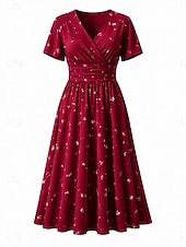 abordables Vestidos florales elegantes-Mujer Vestido Midi Vestido de una línea Vacaciones Casual Boho Ajuste regular Floral Graphic Manga Corta Escote en Pico Azul Piscina Rojo Verde Trébol Verano Primavera