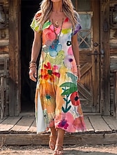 baratos Vestidos Florais-Mulheres Vestido midi Vestido de turno Casual Normal Floral Geométrica Manga Curta Decote V Azul Laranja Verão Primavera