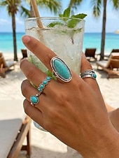preiswerte Damenringe-4-teiliges Set aus eleganten, ausdrucksstarken Türkisringen aus einer böhmischen Legierung für Damen – perfekt zum Stapeln und für den Strandurlaub oder den Alltag.
