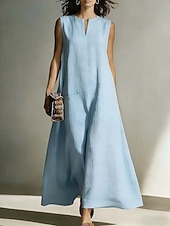 cheap Plain Dress-Women's  Vintage Boho Faux Cotton LinenBeach Loose Fit Plain Sleeveless Split Neck Maxi Dress Summer Spring
