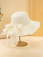 abordables Chapeaux pour femmes-Chapeau de soleil bohème en paille pour femme, chapeau de plage pliable multicolore avec nœud papillon, chapeau à larges bords portable pour une tenue décontractée