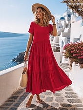 cheap Plain Dress-Women's Vintage Crew Neck Ruffle Pleated Asymmetric Maxi Dress Khaki Black White Pink Summer
