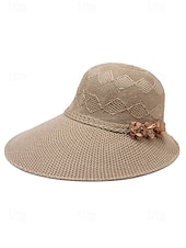 baratos Chapéus Femininos-Chapéu de sol feminino boho de palha - chapéu de praia de verão com aba larga e decoração de flor 3D, fedora respirável em poliéster trançado para férias e uso casual diário. &amp;Proteção solar, várias