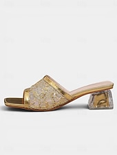 preiswerte Brautmutter/Bräutigammutter-Elegante goldene Damen-Mules mit Blockabsatz aus Mesh: Raffinierte Hochzeitsschuhe für die Mutter der Braut