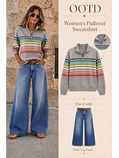 abordables Sudaderas a Rayas y Geométricas-Mujer Sudadera Retazos Estampado Cremallera de un cuarto Plano A Rayas Elegante Cálido Clásico Manga Larga Escote en Pico Tops regulares Casual Hogar Trabajo Verde Trébol Azul Oscuro Gris Otoño
