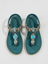 abordables Sandales Plates-Sandales bohèmes à perles pour femmes - sandales plates à bride en T vert paon ornées de pierres turquoise &amp;Bretelles élastiques dans le dos pour les vacances insulaires et les stations balnéaires