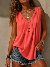 cheap Plain Tank-Women's Shirt Summer Shirt Blouse Ruched Buttons Plain Stylish Classic Modern Sleeveless V Neck Regular Tops Daily Holiday Going out Khaki White Yellow Red Navy Blue Summer Spring