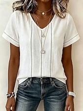 cheap Plain Blouses-Women's Blouse Lace Trim Solid Color Vintage Stylish Basic Short Sleeve V Neck Regular Tops Casual Daily Blue White Pink Summer Spring