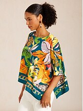 billige skjorter, topper og bluser-Silkemyk satengtopp med dolman-ermer i vill hibiskus
