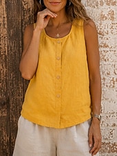 preiswerte Einfacher Tank-Damen Weste aus Baumwollleinen Knöpfe Einfarbig Vintage Ärmellos Normale Oberteile Lässig Blau Gelb Braun Sommer Frühling