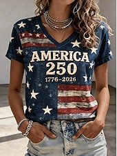  Amerikan itsenäisyyspäivä Naisten T-paita Painettu Kuvitettu Kirjain Amerikan lippu Vintage Tyylikäs Klassinen Lyhythihainen V kaula-aukko Tavalliset topit Kausaliteetti Päivittäin Musta Laivaston