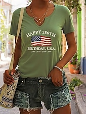  American Independence Day Women's T Shirt Print Graphic American Flag Vintage Stylish Classic Short Sleeve Notched Neck Regular Tops Daily Weekend White Red Ink Blue Green Summer Spring
