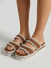 cheap Espadrille Sandals-Women's Boho Espadrille Sandals - Brown Suede Double Strap Platform Slides with Woven Stitching for Outdoor Resort, Beach Vacation &amp; Pool Party