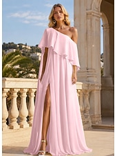 cheap Long Dresses &amp; Gowns-A-Line Floor Length Prom Dresses Elegant Sleeveless One Shoulder Formal Wedding Guest Stretch Chiffon with Ruffles Slit
