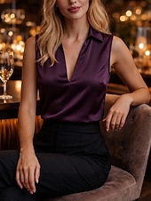 preiswerte Einfache Blusen-Damen Satin-Top Einfarbig Einfach Stilvoll Ärmellos V Ausschnitt Normale Oberteile Wedgewood Schwarz Weiß Champagner Wein Sommer Frühling