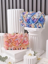 billige Aftenvesker-Elegant dameclutch med blomstermotiv, 3D-blomster og gullkjede, sofistikert håndveske til bryllup, cocktail og spesielle anledninger for damer.