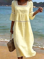 cheap Plain Dress-Women's Midi Dress Shift Dress Casual Beach Holiday Loose Fit Plain 3/4 Length Sleeve V Neck Blue Wedgewood White Yellow Summer Spring