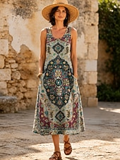 cheap Art&amp;Design Dress-Women's Midi Dress Shift Dress Vacation Casual Boho Holiday Regular Fit Graphic Geometric Sleeveless U Neck Dusty Blue Green Summer Spring