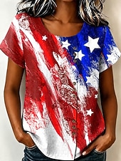 cheap Independence Day Top-American Independence Day Women's Blouse Buttons Print Floral Graphic Vintage Tropical Stylish Short Sleeve Crew Neck Long Tops Casual Holiday Blue + Red Black Red Summer Spring