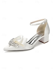 cheap Mother of Bride/Groom-Women's Sophisticated Navy Blue Satin Block Heel Shoes with Bow and Crystal Brooch for Mother of the Bride