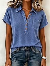  camicia da donna softfade™ 100% cotone lavato, top vintage lavati, tinta unita, elegante, basic, maniche corte, colletto, top regolari, casual, per tutti i giorni, per uscire, blu, rosa, viola, verde, estate, primavera