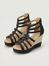 cheap Wedge Sandals-Women's Black Gladiator Wedge Sandals - Elegant Multi-Strap Platform Heels with Woven Texture for Outdoor Resort Vacations, Summer Music Festivals &amp; Tropical Night Outs