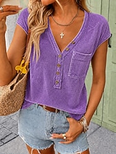  camicia da donna softfade™ 100% cotone lavato arricciato tinta unita vintage moda elegante manica corta scollo a V top regolare casual quotidiano per uscire blu rosa viola verde estate primavera