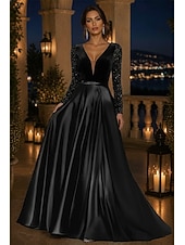 cheap A-Line Evening Dresses-A-Line Floor Length Formal Dresses Mother of the Bride Dress Evening Gown Formal Dress Elegant Glittering Sparkle Long Sleeve V Neck Wedding Formal Satin Sequined with Solid Color