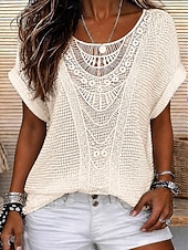  Mujer Elegant Parte superior con ojales Top de empalme de encaje Retazos Elegante Bohemia Vintage Manga Corta Cuello Barco Tops largos Casual Diario Noche Azul Piscina Rosa Naranja Beige Verano