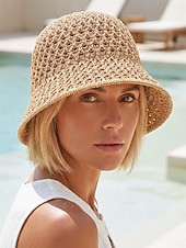 billige Ferietilbehør-dame vintage stråbøttehatt – håndvevd pustende solhatt, lett &amp;sammenleggbar, elegant strandhatt for sommerferier, reiser og utendørsaktiviteter