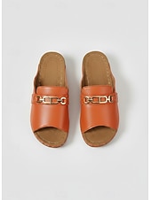 abordables Sandalias deslizantes-Sandalias metalizadas doradas para mujer: sandalias cómodas de punta abierta con detalle de cadena para uso casual y de verano.