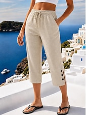 baratos Partes inferiores-Mulheres Shorts de algodão e linho Calças Capri chinês Calção Férias Roupa de rua Casual Comprimento do joelho Cintura Média Tecido Bolsos Cintura elástica Respirável Sem Elasticidade Diário Ao ar