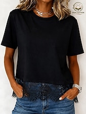 cheap Plain tee-Women's 100% Cotton Contrast Lace Stylish Classic Short Sleeve Crew Neck Regular Tops Casual Black White Summer Spring