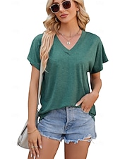 cheap Plain tee-Women's T Shirt Tee Top Solid Color Elegant Fashion Short Sleeve Raglan Sleeves V Neck Regular Tops Casual Daily Summer claret Cailan Black White Navy Blue Summer