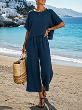 economico Imposta-Set da donna in cotone e lino, due pezzi, colore puro, caldo, casual, comodo, per la casa, quotidiano, primavera, autunno