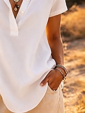  Mujer Camisa Camisas de algodón y lino Camisa de manga corta Blusa Botones Plano Elegante Clásico Moderno Manga Corta Cuello Camisero Tops regulares Casual Diario Festivos Azul Piscina Blanco Amarillo