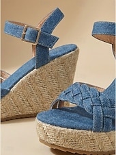 ieftine Femei-Sandale cu platformă pentru femei, din denim albastru - tocuri cu platformă, tip espadrile, cu barete împletite, și cataramă la gleznă, pentru vacanțe de lux în croazieră, ținute de resort tropical