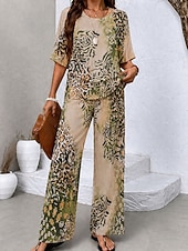 cheap Women's Blouse Suits-Women's Pants Sets Half Sleeve Butterfly Sleeve Round Neck Graphic Leopard Abstract Elegant Vacation Casual Daily Beach Pink Green Khaki Spring &amp; Summer Regular Fit