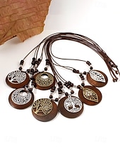 voordelige Dames ketting-Dames boho lange hangerketting - vintage hout &amp;Truienketting van legeringskralen met bladmotief &amp;Levensboom bedeltjes voor een zomervakantie aan het strand, of als casual kleding voor elke dag.