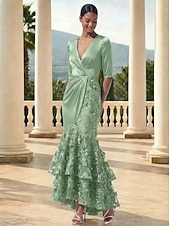 baratos Vestidos de Noche Sirena-Mermaid Trumpet Ankle Length Evening Gown Formal Dress Elegant Glittering Floral 3/4 Length Sleeve V Neck Wedding Formal Lace Stretch Satin Cowl Back with Embroidered Flower Pleats Embroidery