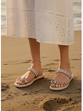 cheap Slide Sandals-Women's Rhinestone Embellished Thong Sandals with Blue Gemstone Detail – Elegant Sandals for Summer, Beach, and Formal Occasions