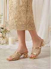 preiswerte Brautmutter/Bräutigammutter-Elegante goldene Damen-Mules mit Blockabsatz aus Mesh: Raffinierte Hochzeitsschuhe für die Mutter der Braut