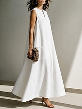 cheap Plain Dress-Women's  Vintage Boho Faux Cotton LinenBeach Loose Fit Plain Sleeveless Split Neck Maxi Dress Summer Spring