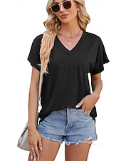 cheap Plain tee-Women's T Shirt Tee Top Solid Color Elegant Fashion Short Sleeve Raglan Sleeves V Neck Regular Tops Casual Daily Summer claret Cailan Black White Navy Blue Summer