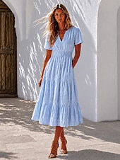  Mujer Vestido Midi Vestido de una línea Vestido de verano Vacaciones Fiesta Cumpleaños Diario Ajuste regular Plano Manga Corta Escote en Pico Azul Piscina Negro Blanco Rosa Verano Primavera