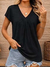 billiga Enkel t-shirt-Dam T-shirt T-tröja Ensfärgat Elegant Mode Ledigt Kortärmad V-hals Crop Tops Ledigt Dagligen Sommar Vinrött Blågrön Svart Vit Rodnande Rosa Sommar Vår
