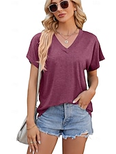 cheap Plain tee-Women's T Shirt Tee Top Solid Color Elegant Fashion Short Sleeve Raglan Sleeves V Neck Regular Tops Casual Daily Summer claret Cailan Black White Navy Blue Summer